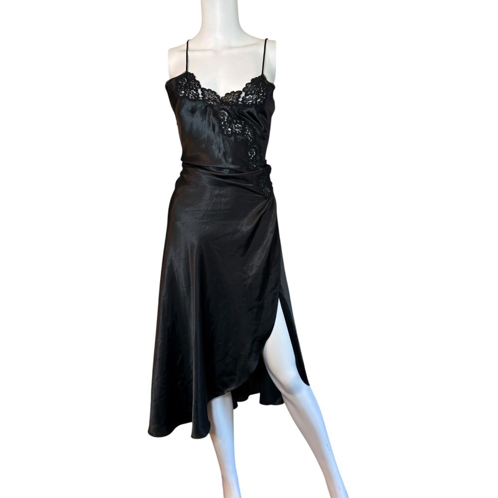 VS Y2K Sleepwear Black Satin Lace Midi Slip Dress Bias Cut thigh high Slit XS - Picture 4 of 12